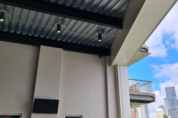 50mm Netting installation on mezzanine balcony using a bespoke tower & MEWPS