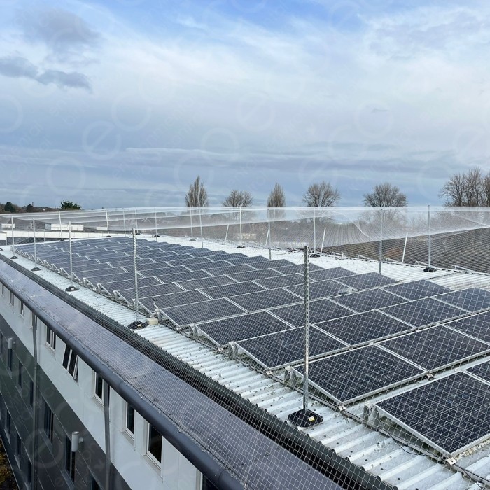 Bird Netting Protecting Warehouse Roof with Rows of Solar Panels